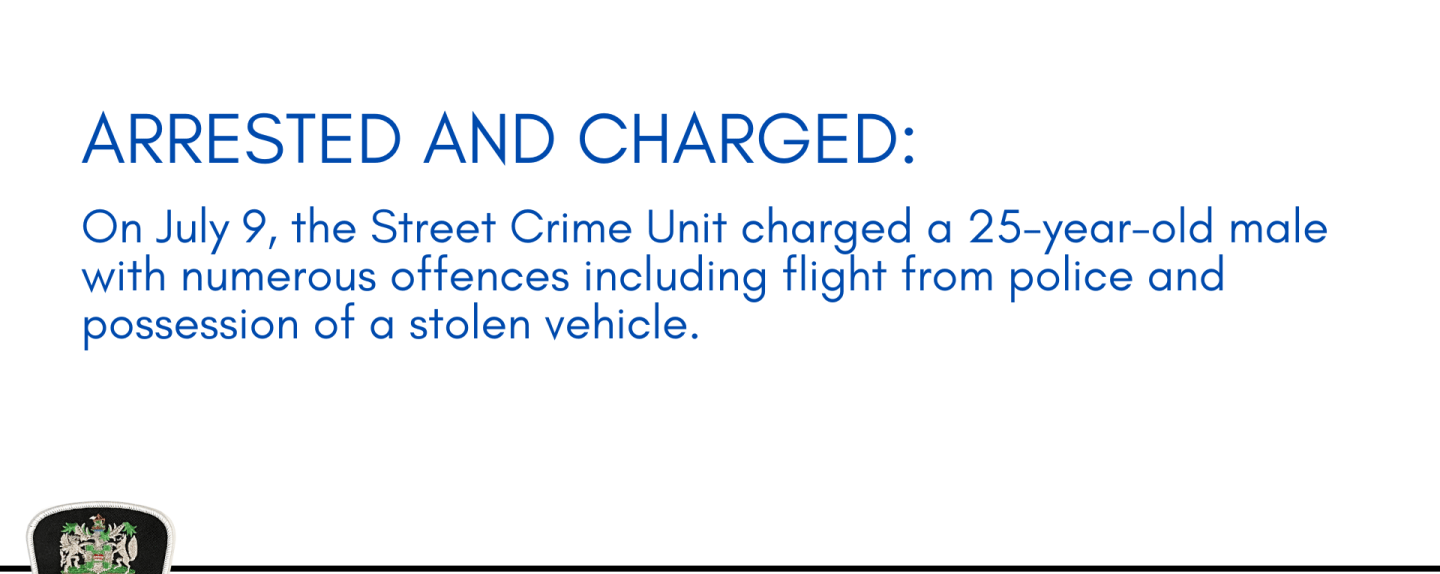Arrested and Charged: 25-year-old male charged with 15 offences including flight from police and possession of a stolen vehicle