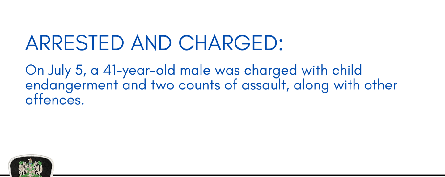 Arrested and Charged: 41-year-old male charged with child endangerment and two counts of assault, along with other offences