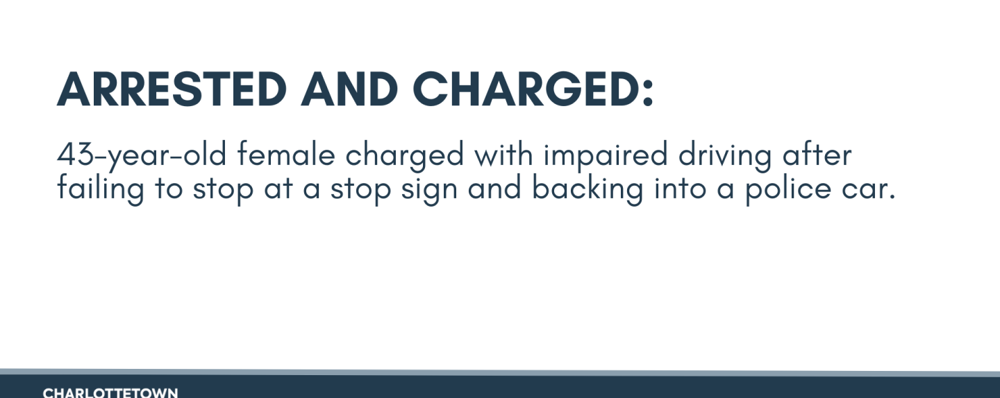 43-year-old female charged with impaired driving after failing to stop at a stop sign and backing into a police car